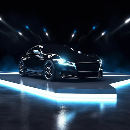Black sports car on a dark background. 3D rendering. Neon lights.の素材