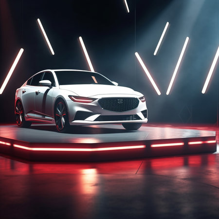 3D rendering of a brand-less generic concept car in a studioの素材