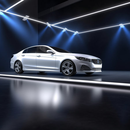 3d rendering of a modern car in the studio with spotlightsの素材