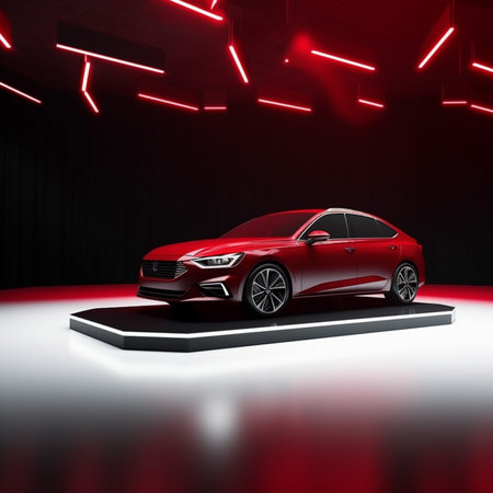3D rendering of a red car on a stage in the studioの素材