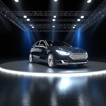 3D rendering of a brand-less generic concept car on stageの素材