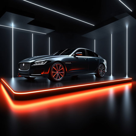 Modern car in a dark room with neon lights. 3D renderingの素材