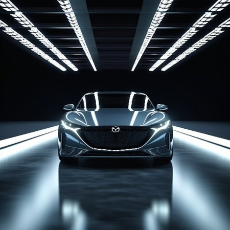 3D rendering of a sports car in a showroom with lightsの素材