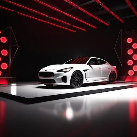 3D rendering of a white sports car on a black background.の素材