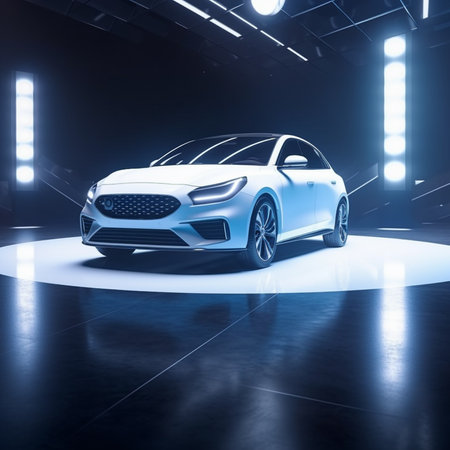 3D rendering of a brand-less generic concept car in studio environmentの素材