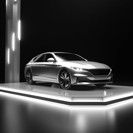 3D rendering of a brand-less generic concept car in studio environmentの素材