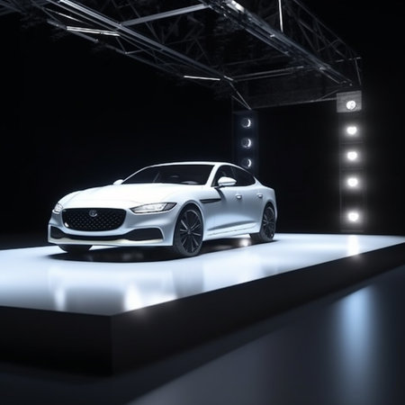 3D rendering of a brand-less generic concept car in studio environmentの素材