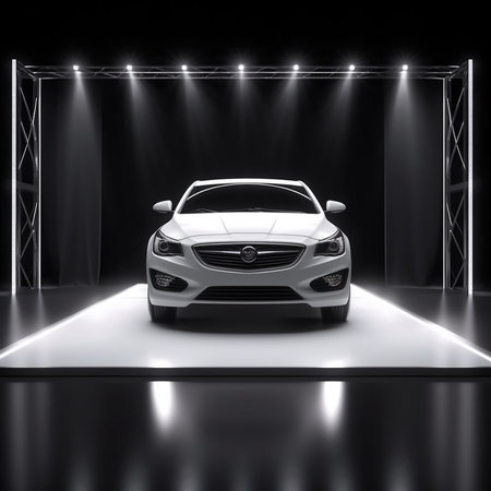 3D rendering of a white sports car on stage illuminated by spotlightsの素材