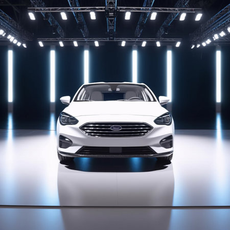 3D render of a brand-less generic car in exhibition hallの素材
