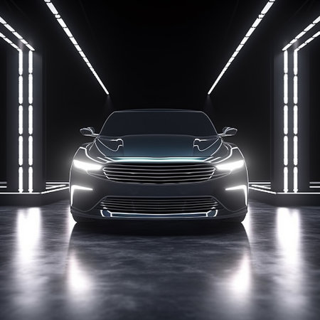 3d rendering of a car in a garage with led lights.の素材