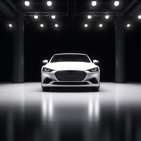 3D rendering of a brand-less generic concept car in exhibition hallの素材