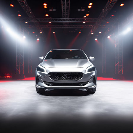 Modern car on the background of the stage. 3d rendering.の素材
