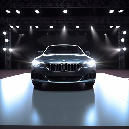 3D rendering of a brand-less generic concept car in showroomの素材