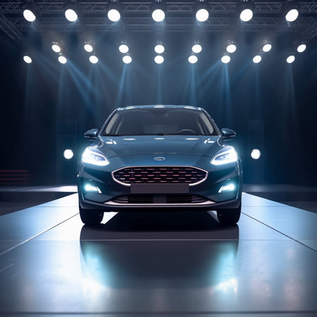 3d rendering of a car in the showroom with spotlightsの素材