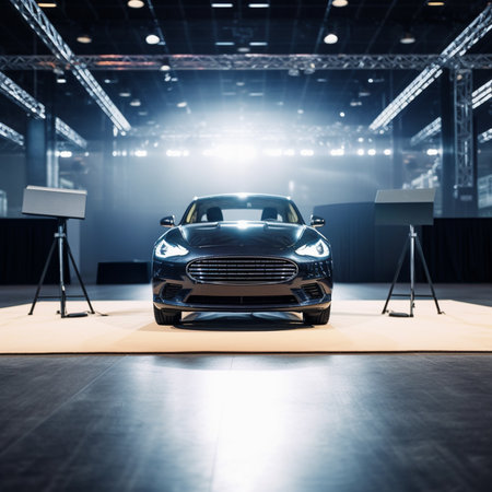 Modern car on the background of the exhibition hall. The concept of modern technologies in the automotive industry.の素材