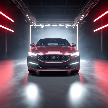 3d rendering of a brand-less generic concept car in a garageの素材