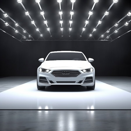 3D rendering of a white car in a exhibition hall with spotlightsの素材