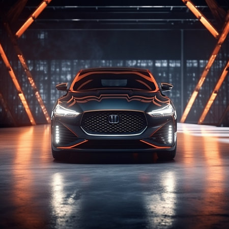 3D rendering of a brand-less generic concept car in a garageの素材