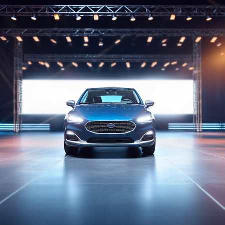 3D render of a modern car in the showroom at nightの素材