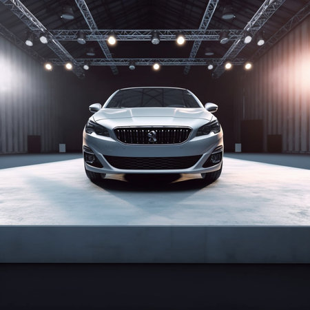 Front view of modern car in exhibition hall. 3D Renderingの素材