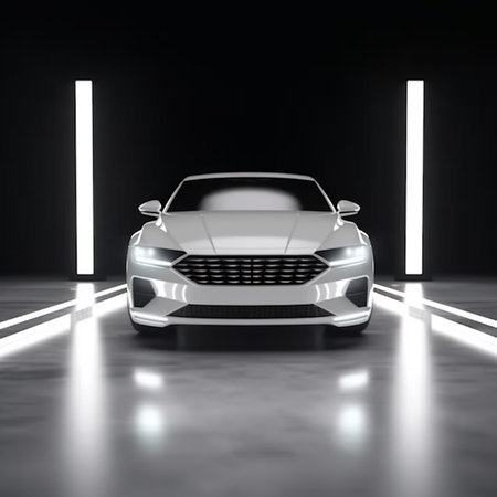 3D rendering of a car in a dark room with neon lightの素材