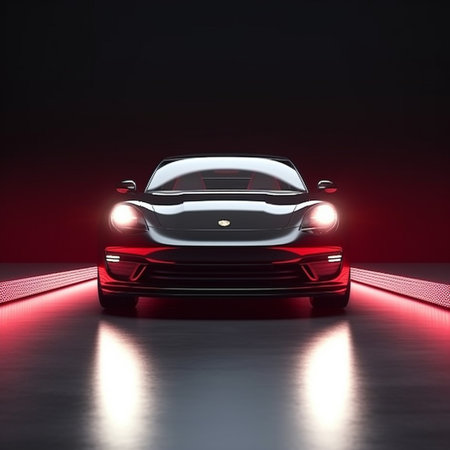 3d rendering of a modern car in a studio environment with a red lightの素材