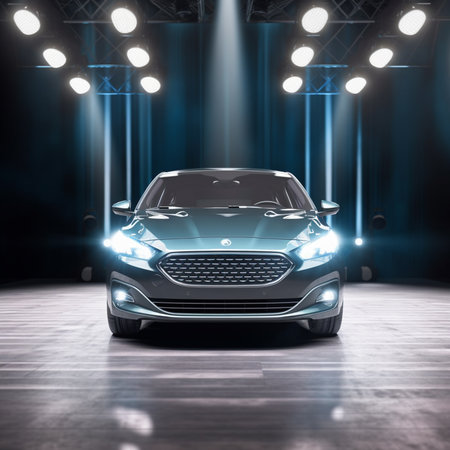 Modern car on stage illuminated with spotlights. 3D rendering.の素材