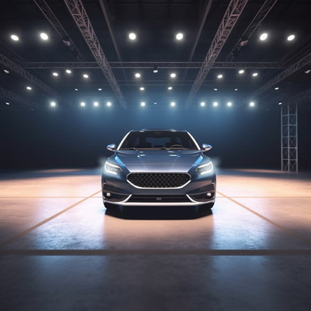 3D rendering of a brand-less generic concept car in a showroomの素材