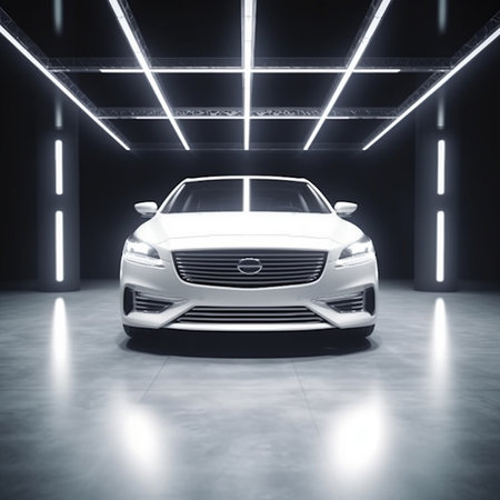 3D rendering of a brand-less generic car in a garageの素材