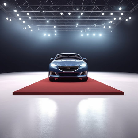 3d render of blue sport car on red carpet with spotlightsの素材