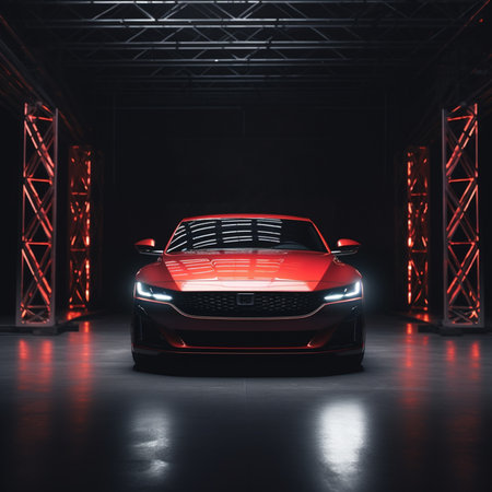 Front view of red sport car in warehouse. 3D Renderingの素材