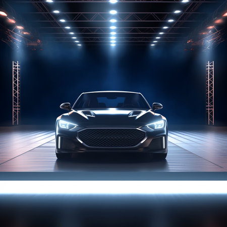 Modern car on the background of the illuminated stage. 3d renderingの素材