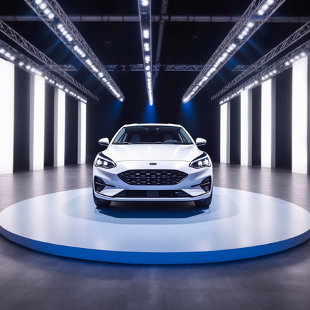 3D rendering of a brand-less generic car in a showroomの素材