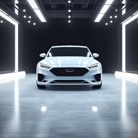 Front view of a modern car in a showroom. 3d renderingの素材