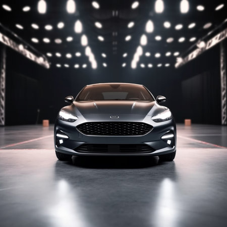 Front view of a black sport car in the garage. 3D renderingの素材