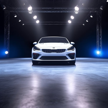 sport car on stage illuminated by spotlights. 3d renderingの素材