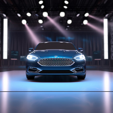 Blue sports car on the background of the stage. 3d renderingの素材