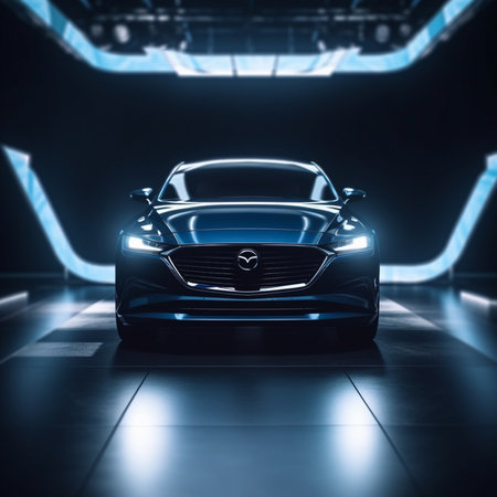 3D rendering of a brand-less generic concept car in a studio environmentの素材