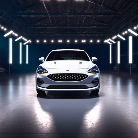 3D rendering of a brand-less generic car in a warehouseの素材