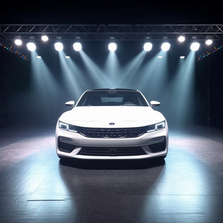 car on stage illuminated by spotlights. 3d rendering image.の素材