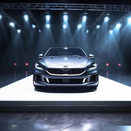 3D rendering of a brand-less generic concept car in showroomの素材