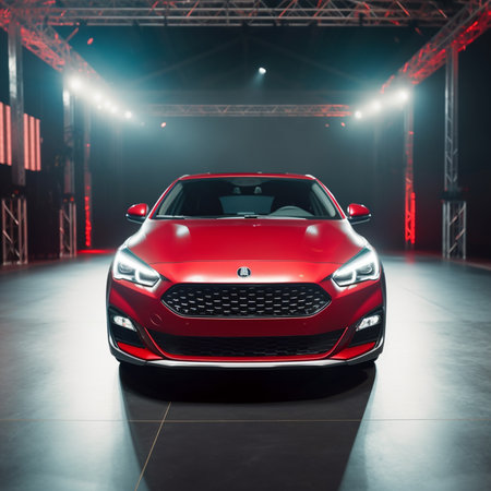Modern car in the showroom. Front view. 3d renderingの素材