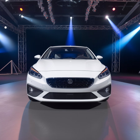 3D rendering of a white sport car on a stage with spotlightsの素材