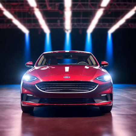 Red sport car on stage illuminated with spotlights. 3d renderingの素材