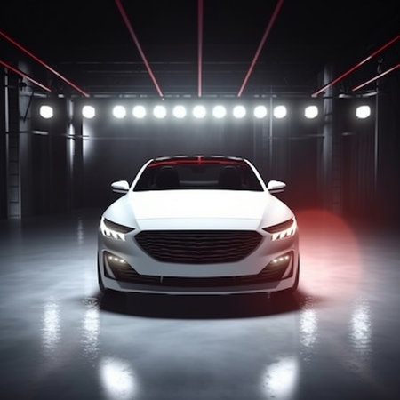 3D rendering of a brand-less generic car in a garageの素材