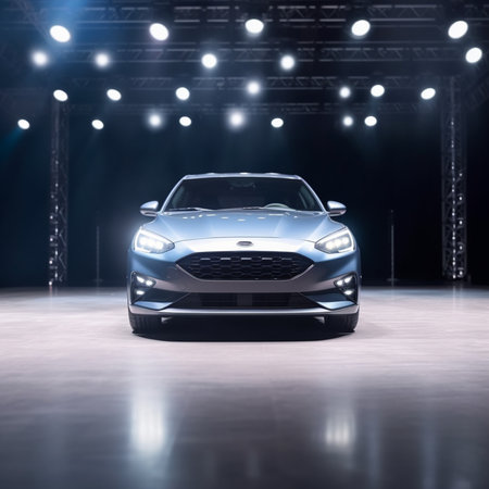 3D rendering of a brand-less generic car in showroomの素材