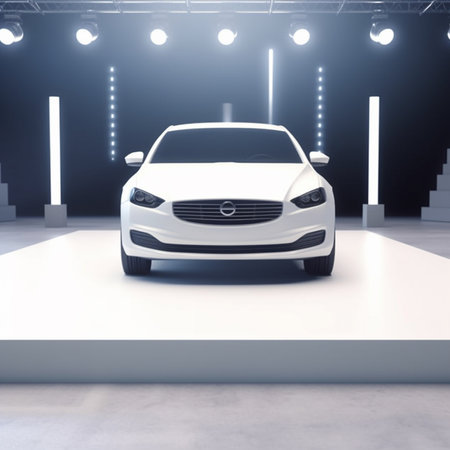 3D rendering of a white car in a exhibition hall with spotlightsの素材