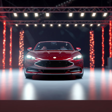 3D rendering of a brand-less generic concept car in a showroomの素材
