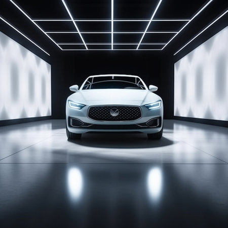 3d rendering of a brand-less generic concept car in a exhibition hallの素材