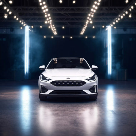 White sport car in the showroom. Front view. 3d renderingの素材